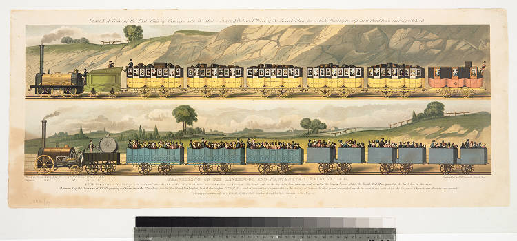 Vlak z roku 1831. Nahoře první třída, dole třetí. Obrázek je z https://hdl.huntington.org/digital/collection/p16003coll4/id/1519/